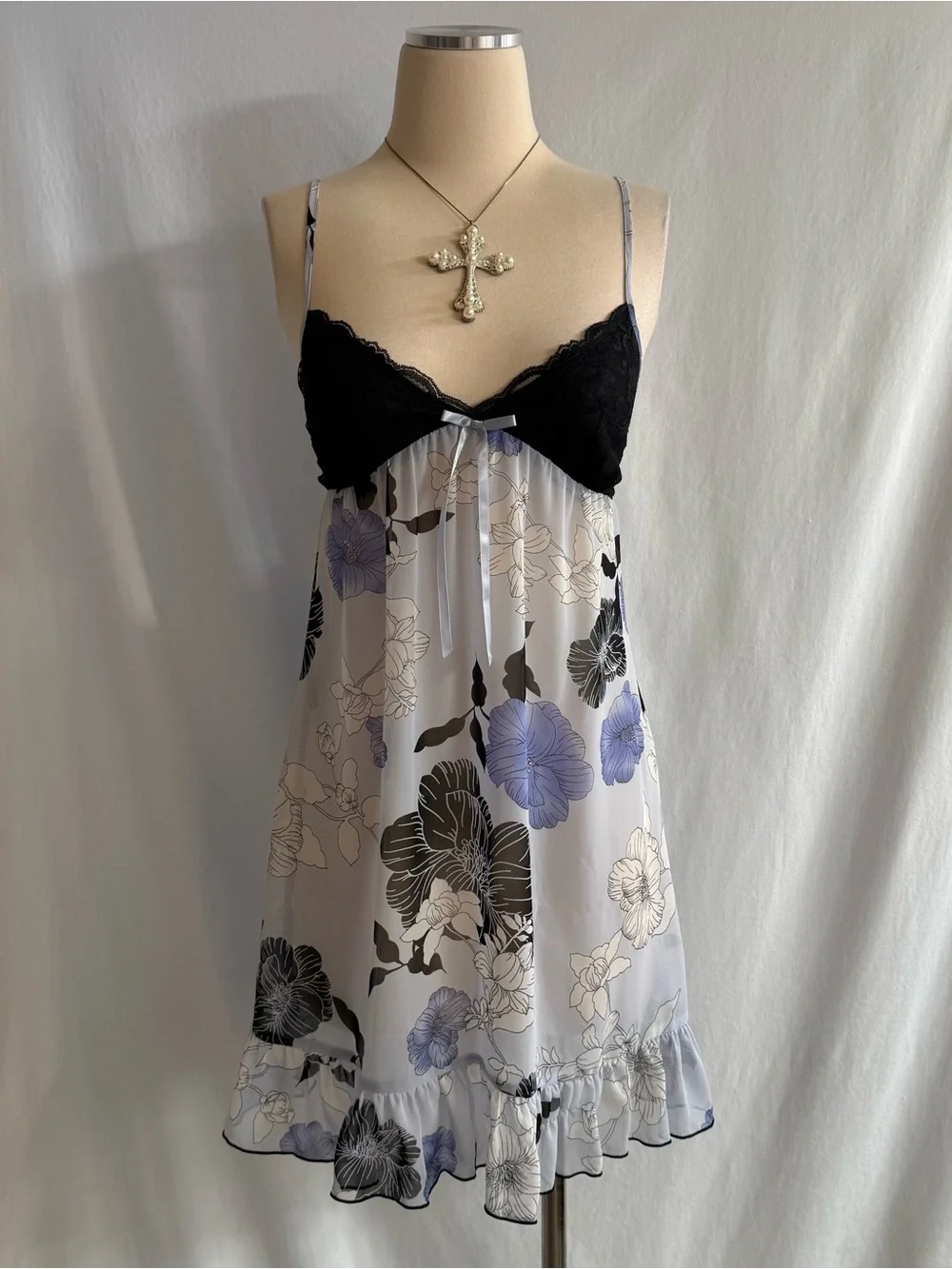 Y2K Blue Floral Tie Back Babydoll Dress